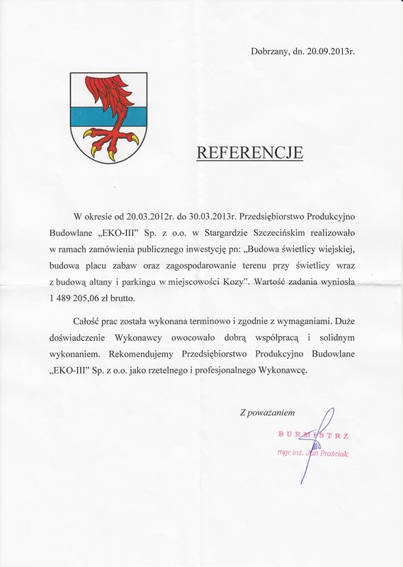 Dokument z referencją od Burmistrza Dobrzan.